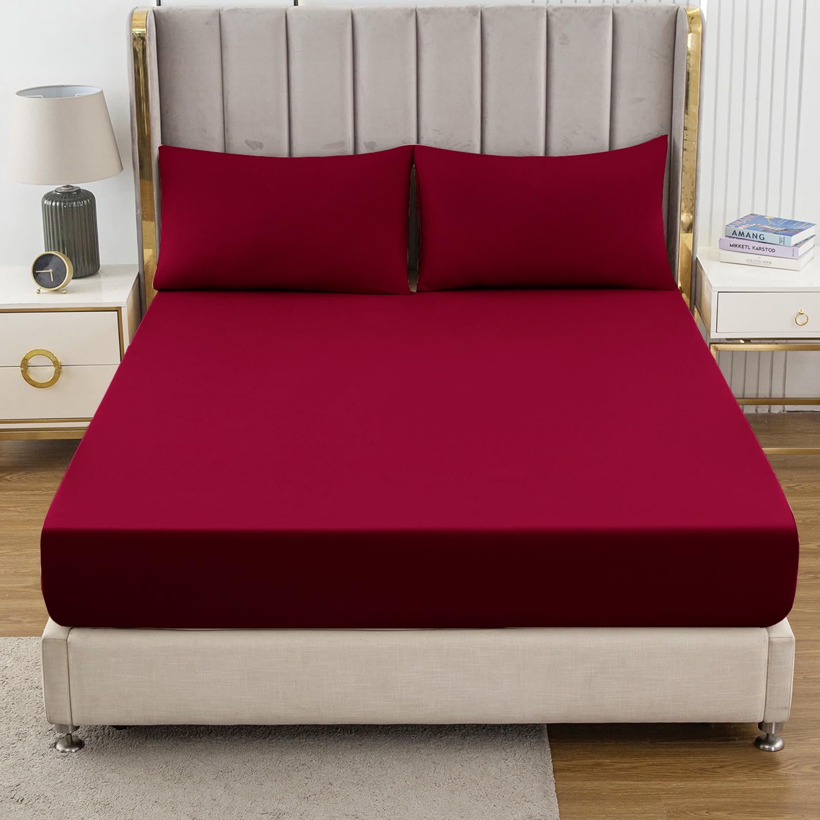 Soifox King Size Fitted Sheet Red - Bed Sheets with Extra Deep Pocket 16 inch (40 cm), Soft Microfiber Bottom Sheet for Kingsize Bed, 150x200cm