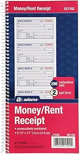 Adams Money and Rent Receipt Book, 2-Part Carbonless, 5-1/4" x 11", Spiral Bound, 200 Sets per Book, 4 Receipts per Page (SC1152) (12)