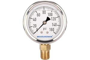 MEASUREMAN Lead-Free Glycerin Filled Pressure Gauge, 2" Dial Size, 0-160psi, RV Regulator Replacement Pressure Gauge, 1/4" NP