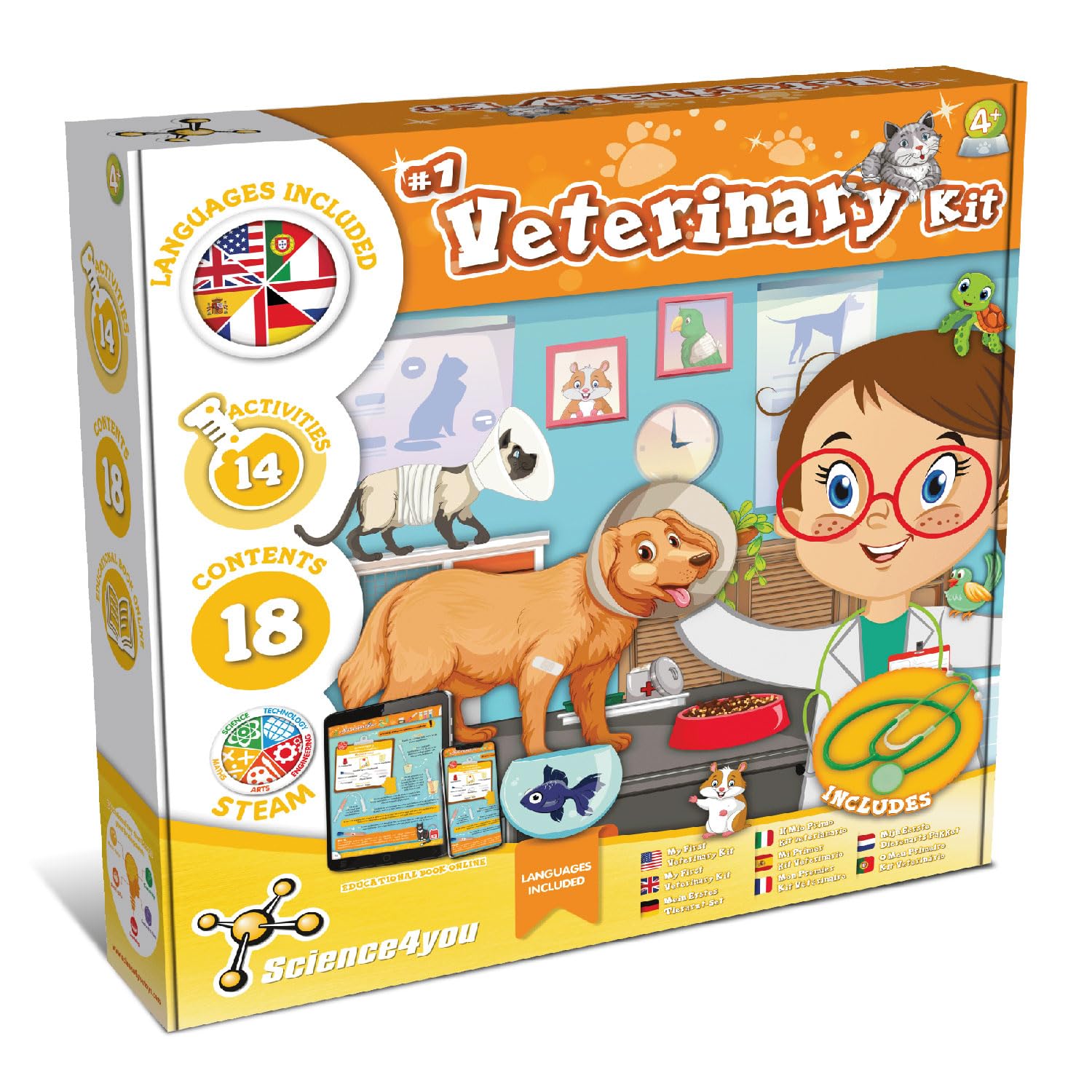 Science4You First Veterinary Kit for Kids Age +4 – 14 Educational Activities, Science Experiments for Children: Includes Vet Costume and Stethoscope Toy, Role Play Doctors for Girls & Boys Age 3 4 5+