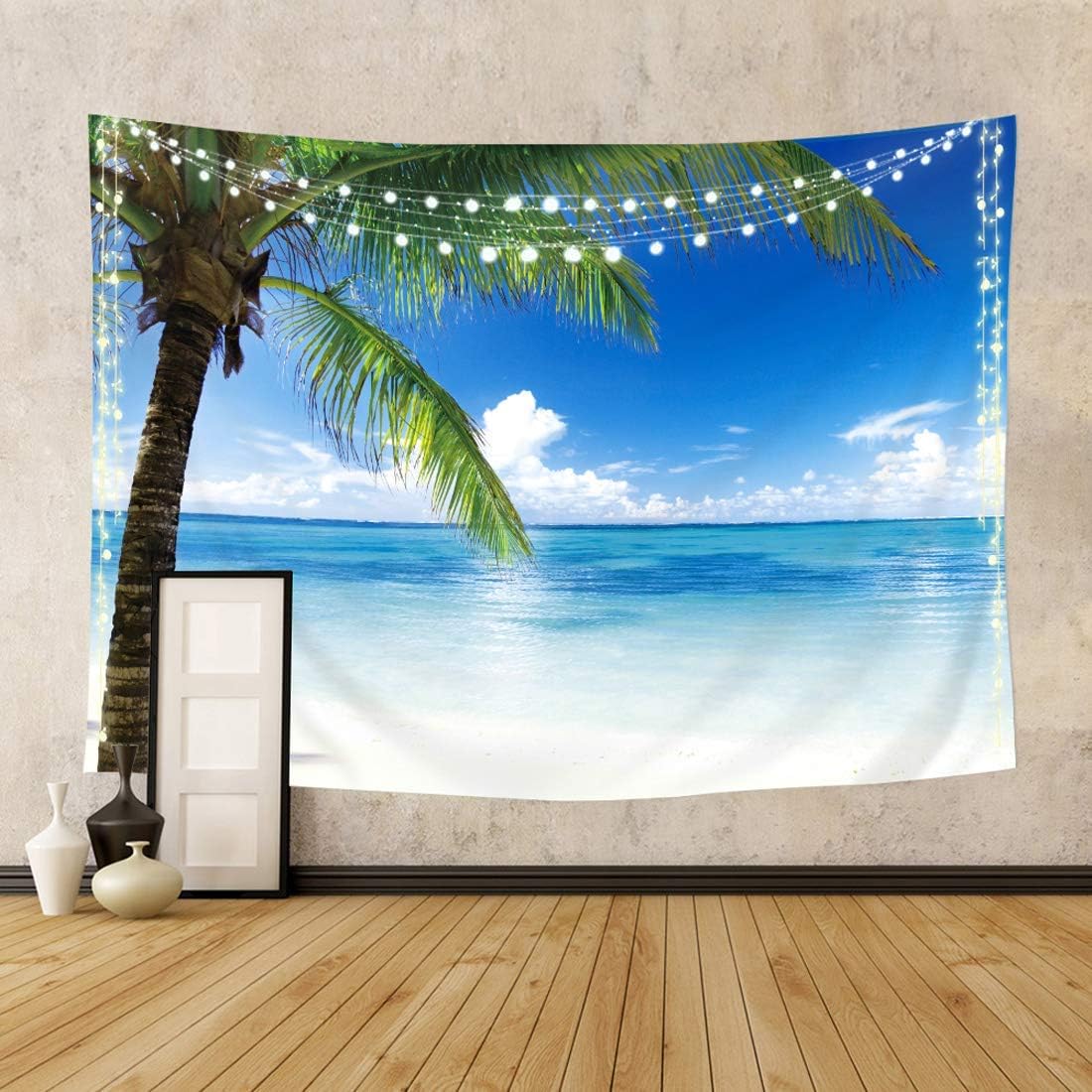 Riyidecor Costal Palm Tree Ocean Beach Tapestry Seaside Scene 