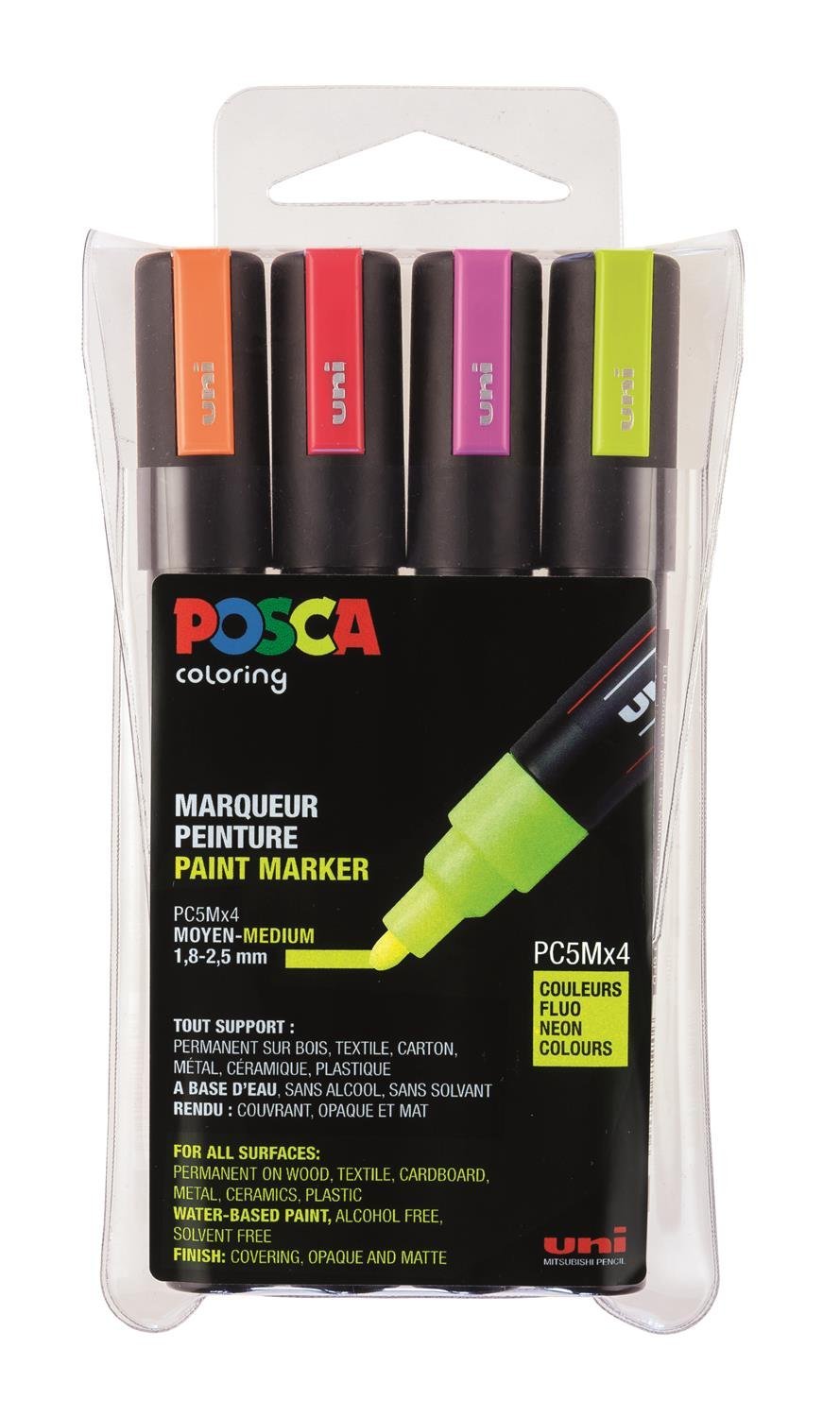 uni-ball POSCA 182505 POSCA Marker with Medium Bullet Tip Set of 4 Neon Red Pink Orange Neon Yellow