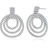 Teppdfann Cubic Zirconia Drop Earrings – Tiered Silver Dangle Earrings with Triple Hoop Design, Wedding Ready CZ Earrings, Sparkling Silver Drop Jewelry