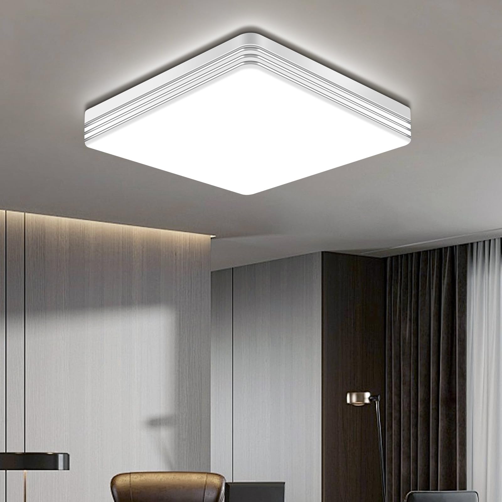 Taoellen LED Ceiling Lights for Living Room - 48W Square Ceiling Light, 6500K 4320LM 240W Equivalent Silver Edge Flush Ceiling Lights, Cold White Ceiling Light for Bedroom, Hallway, Kitchen, Cloakroom