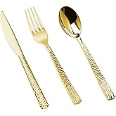 Pryntono 150PCS Gold Plastic Silverware, Heavy Duty Plastic Cutlery Set, Disposable Utensils - 50 Forks, 50 Spoons and 50 Knifes for Party, Wedding and Events