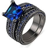 Womens Jewelry Black Gold Plated Princess Cut Blue Or Green Cz 2pcs Wedding Engagement Ring Bridal Sets