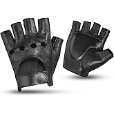 KEMIMOTO Fingerless Sheepskin Leather Motorcycle Gloves, Half Finger Riding and Driving Gloves for Men and Women