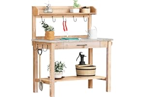 HOLTICO Outdoor Potting Bench Table with Metal Tabletop, Planting Table Potting Work Station with Storage Drawer and Removable Shelf Rack, Garden Potting Table for Outdoors