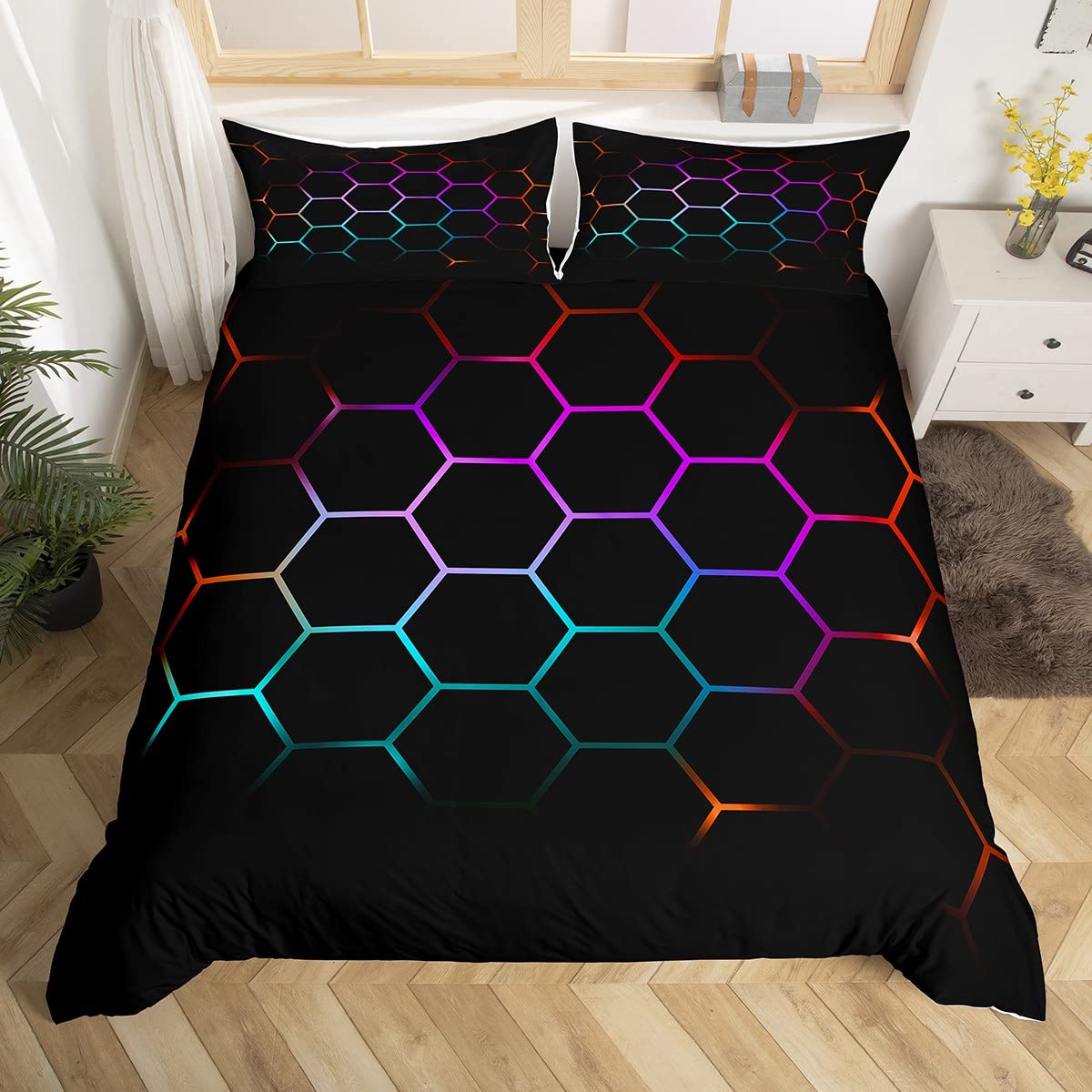 Boys Honeycomb Bed Cover Kids Men Girls Modern Hexagon Bedding Set Colorful Grid Art Neon Duvet Cover Red Purple Teal Black Bedspread Cover 3Pcs Double Size