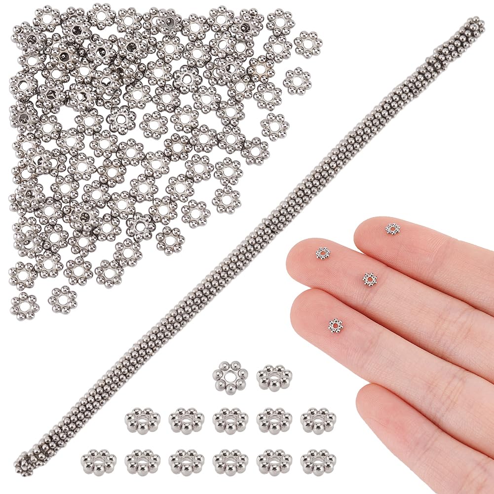 HOBBIESAY 100Pcs Stainless Steel Flower Beads 4mm Daisy Spacer Beads Metal Beads Silver Floral Beads Tibetan Style Floral Granulated Beads for DIY Bracelets Earring Necklace Jewelry Making