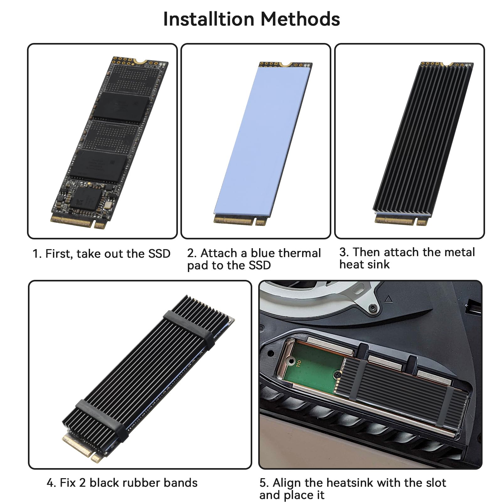 ELUTENG M2 SSD Kühlkörper 5 Stück Kühler Set Heatsink mit Silikon Wärmeleitpad, 2280 NVME NGFF Aluminium m2 heatsink Passend für PC/PS5/PS5 Slim Installation, 73 x 33mm x 3mm, Schwarz 6