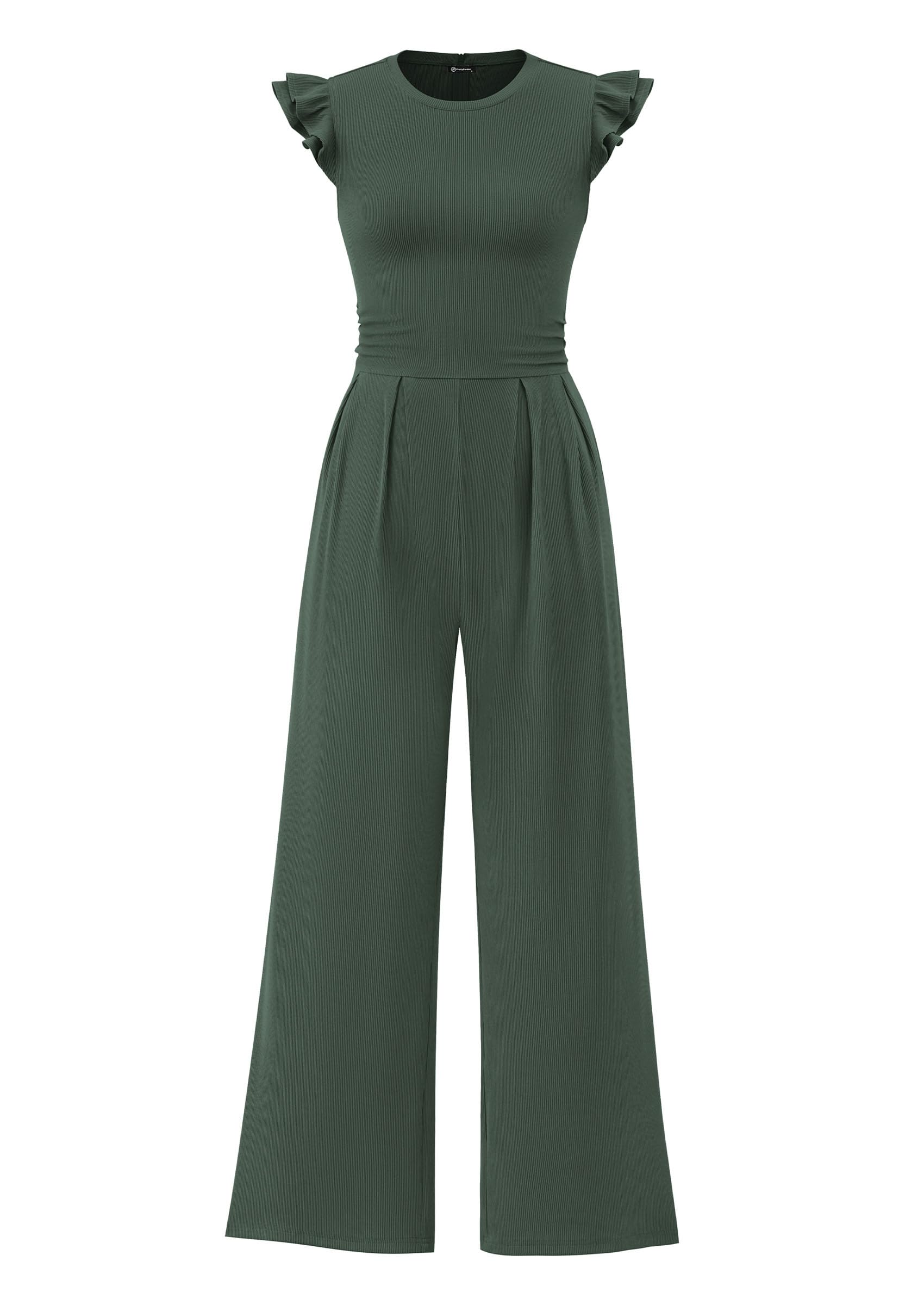 Photo 1 of PRETTYGARDEN Summer Jumpsuits for Women Dressy 2025 Fashion Ruffle Cap Sleeve Romper Crew Neck Rib Knit One Piece Outfits (Dark Green,Medium)