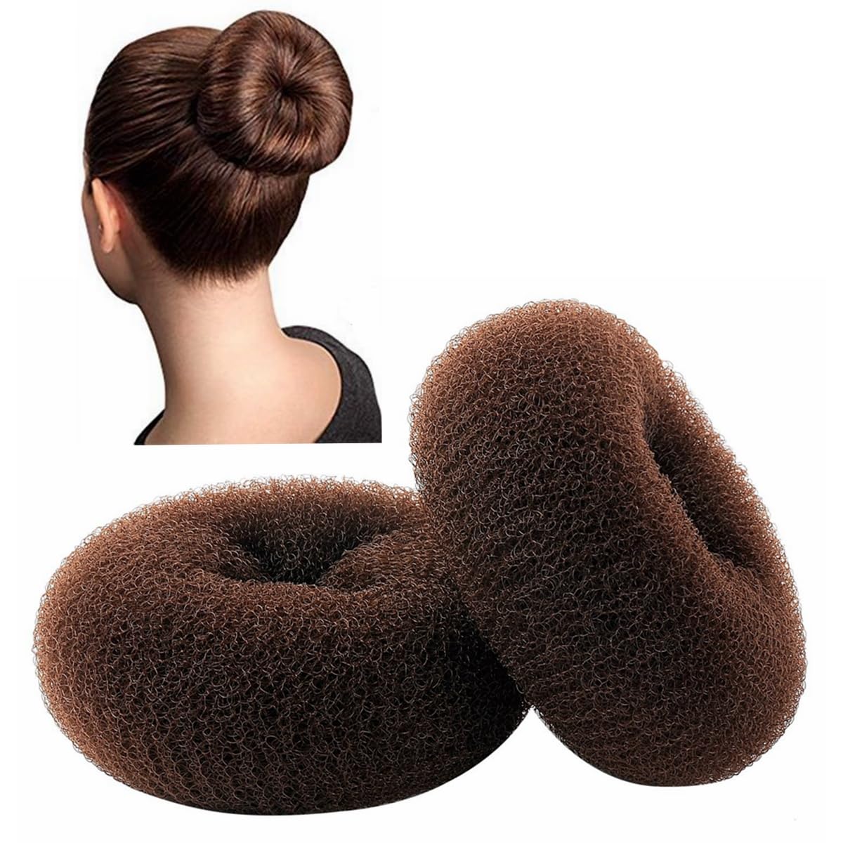CLOTHOBEAUTY 2-Piece Extra Large Size Hair Bun Donut Maker, Ring Style Chignon Buns Maker (4.3 in. For Thick & Long Hair) - Brown