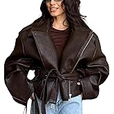 Mandonce Leather Jacket Zip up Oversized Motorcycle Cropped Jacket with Belt Y2K Streetwear Fall Winter Coats for Women 2026