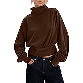 Ythomm Women Mock Turtleneck Crop Sweatshirt Long Balloon Sleeve Ruched Banded Bottom Pullover Blouson Top Shirt Fall Clothes (Brown, Large)