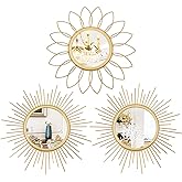 3 Pack Metal Mirrors for Wall Sunburst Wall Mirrors Home Décor Decorative Hanging Wall Art for Living Room Bedroom Entryway (Gold, Flower+Sunburst)