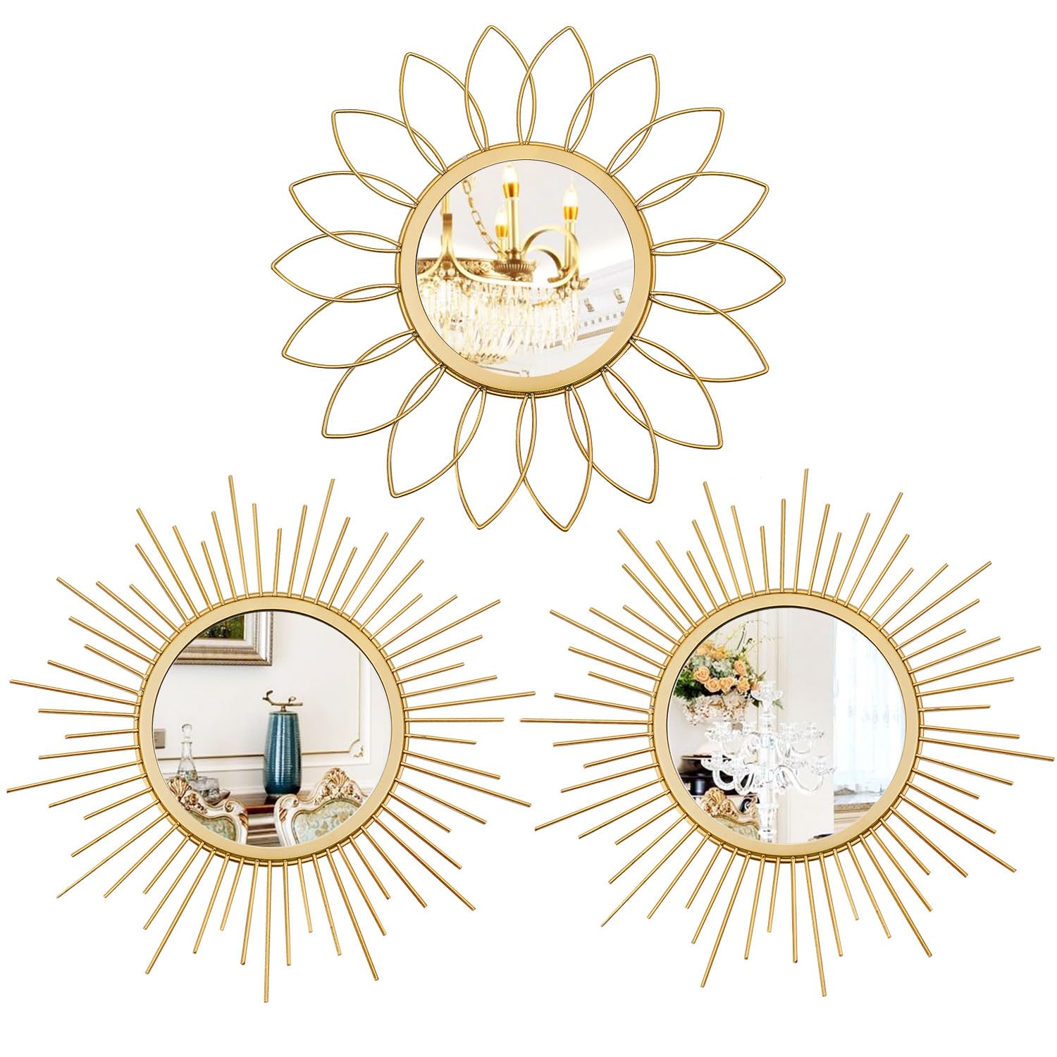 Photo 1 of 3 Pack Metal Mirrors for Wall Sunburst Wall Mirrors Home Décor Decorative Hanging Wall Art for Living Room Bedroom Entryway (Gold, Flower+Sunburst)