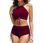 Sucrefas Women High Waisted Shorts Bikini Sets Tummy Control Swimsuit Two Piece Halter Drawstring Bathing Suit