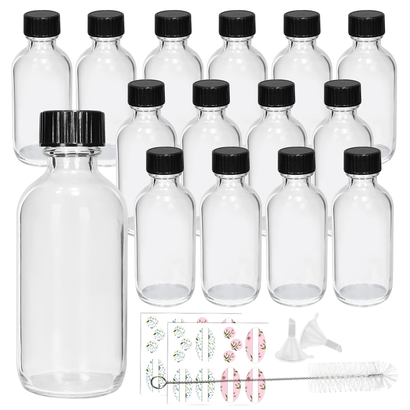 Photo 1 of 15 Pack Glass Clear Boston Bottles with Black Poly Cone Cap, 2 oz Round Glass Bottle for Essential Oil, Perfume and Liquid, Contains 24 Colored Labels, 2 Funnels, 1 Brush