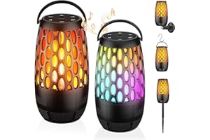 CaoMuKin Outdoor Speakers, Portable Wireless Speaker with Flame Lights, Multi-Sync up to 100 Speakers Auto-Pairing HD Stereo Sound Waterproof, Hook for Patio Yard Porch, Gifts for Men Women