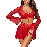 Avidlove Women's Sexy Contrast Lace Mesh Lingerie Set 3pcs Bell-Sleeved Top Lingerie Skirt
