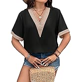 SweatyRocks Women's Plus Contrast Lace Short Sleeve Blouse Tops V Neck Casual Blouse Shirts