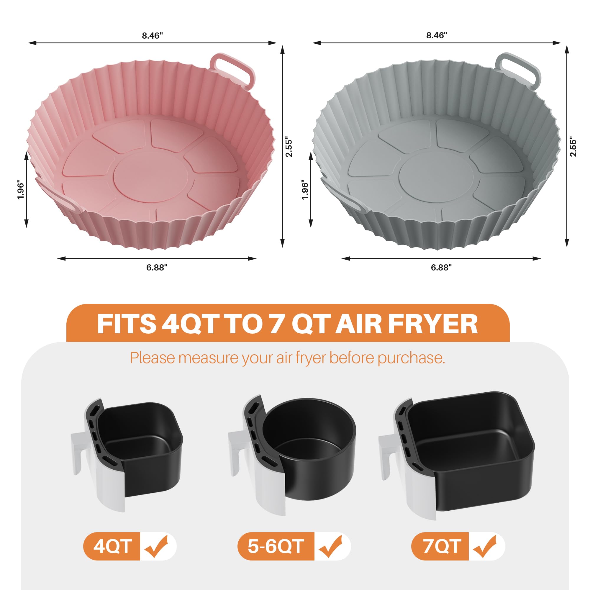 ME.FAN Air Fryer Silicone Liners for 4 to 7 QT [2 Pack] Reusable Air Fryer Basket with Handles & Holes Rose Pink + Light Grey