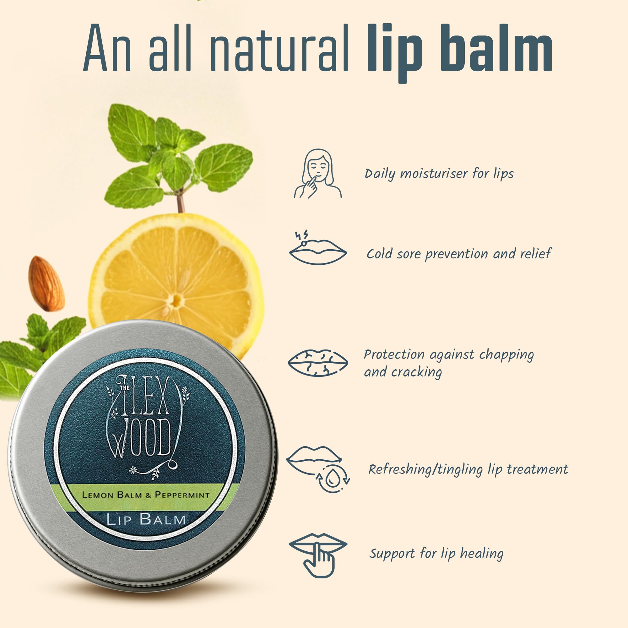 The Ilex Wood - All Natural Lip Balm - Lemon Balm and Peppermint - Cold Sore Treatment for Lips, Palm Oil Free, Cruelty Free, Plastic Free, Moisturising Lip Balm, Handcrafted - 10ml (0.34 fl oz)