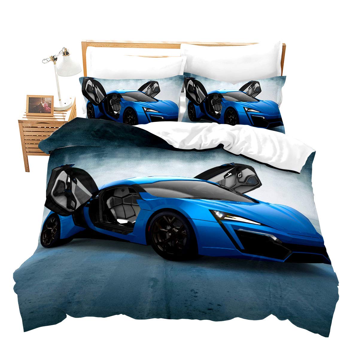Loussiesd Sports Car Print Bedding Set Blue Car Pattern Extreme Sports Theme Comforter Cover for Kids Boys Girls Teens Soft Modern Microfiber Duvet Cover 3Pcs Bedclothes With 2 Pillowcase King Size
