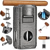 DXXULL Cigar Lighter, 7-in-1 Cigar Lighter Set: Dual-Flame Windproof, Visual Gas Window Adjustment, Built-in Dual Punch, V-Cu