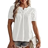 Falechay Womens Tops V Neck Short Sleeve Blouses Casual Flowy Button Up Shirts Embroidered Lace Boho Clothing Trendy