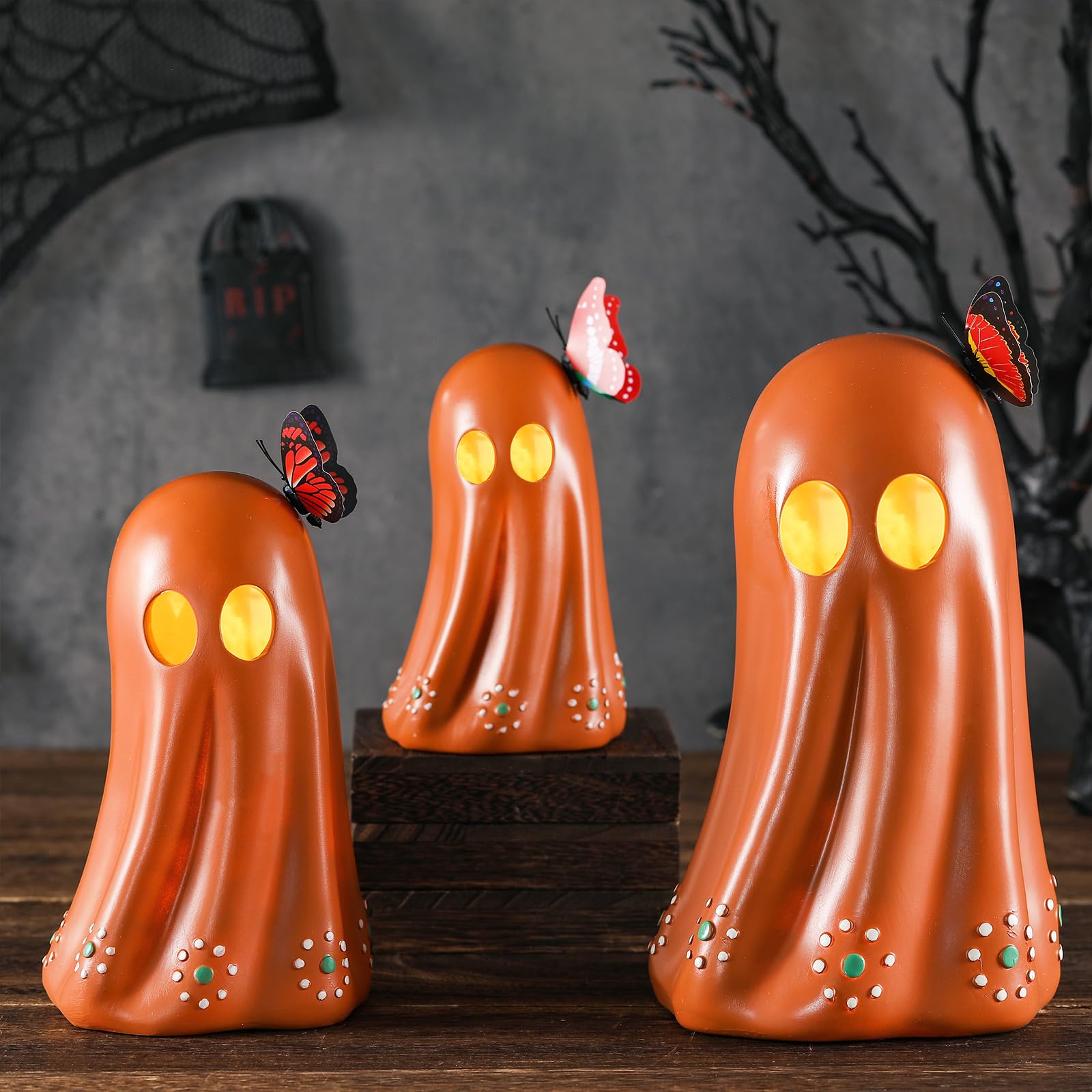 Photo 1 of Bucherry 3 Pcs Mexican Ghost Decoration with Light - Large 6" 8" 10" Resin Day of The Dead, Halloween Terracotta Ghost Figurine Statues with Butterfly for Dia De Los Muertos Gift