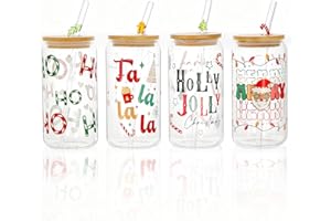 Ronasip Christmas Cups, 17 oz Cute Xmas Cup with Lids and Straws 4 Pack, Drinking Glasses for Iced Coffee, Juice, Party Decor (Lettering)
