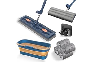 2025 New Saker Plus Large Flat Mop, Saker Plus Mop and Bucket Set, 360 Rotation Flat Mop with Bucket & 6 Microfiber Pads,Wet 