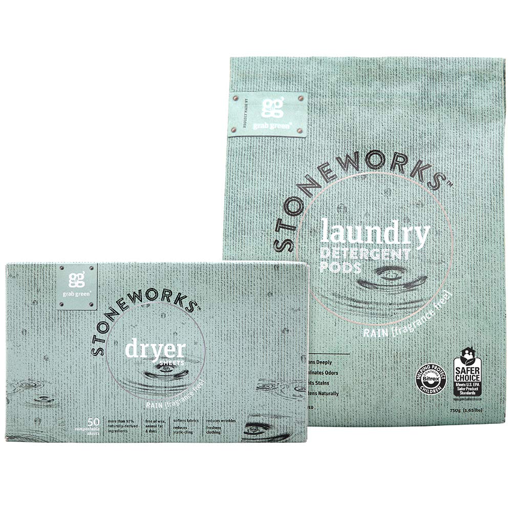 Grab Green Stoneworks Laundry Detergent Pods and Dryer Sheet Bundle, 50 Count Pods and 50 Dryer Sheets, Fragrance Free Rain Scent, Plant and Mineral Based Laundry Care Set