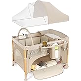 Baby Bassinet 5 in 1 Pack and Play,Baby Crib Adjustable Beside Sleeper One-Second &One-Hand Setup,Portable Playard Foldable Playpen for Newborn,Babies and Toddlers with Changing Table,Mattress (Beige)