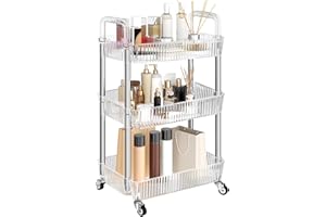 Dttwacoyh 3-Tier Rolling Cart，Makeup Cart with Wheels，Snack Cart，PET and Metal Rolling Cart for Living Room，Kitchen，Office，Bathroom，Silvery