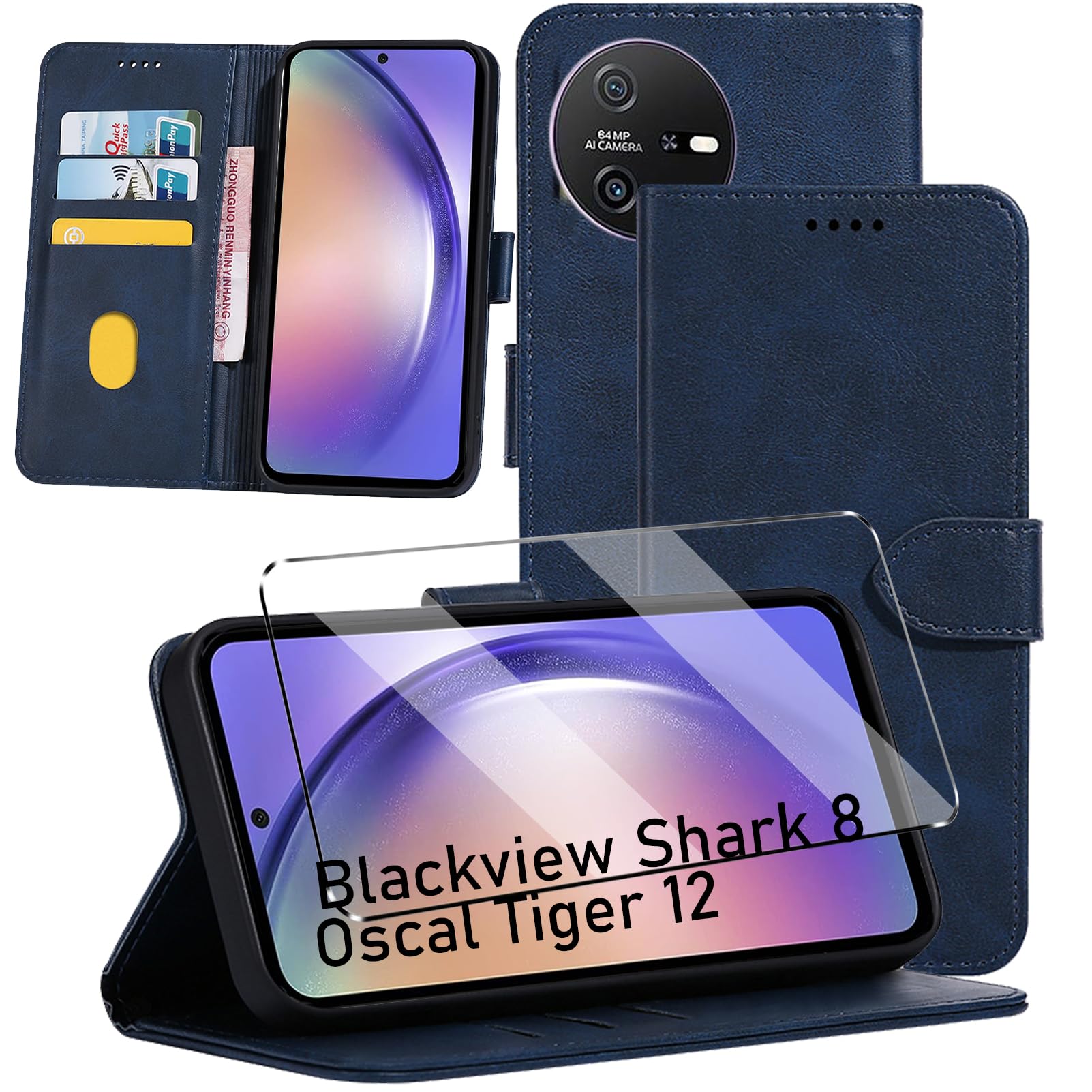 2-in-1 Case Compatible with Blackview Shark 8/Oscal Tiger 12 Leather Phone Case, Wallet Case Cover [Card Slots] [Kickstand] Magnetic Closure Protection Book Folio Design wallet flip phone case - Navy