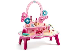 DJECO Wooden Dressing Table for Girls - Pretend Play Floral Kid Vanity Table w/ Mirror for Little Girls, Beauty Salon Play Set w/ Toy Makeup for Little Princess - Perfect for Kids Ages 4+
