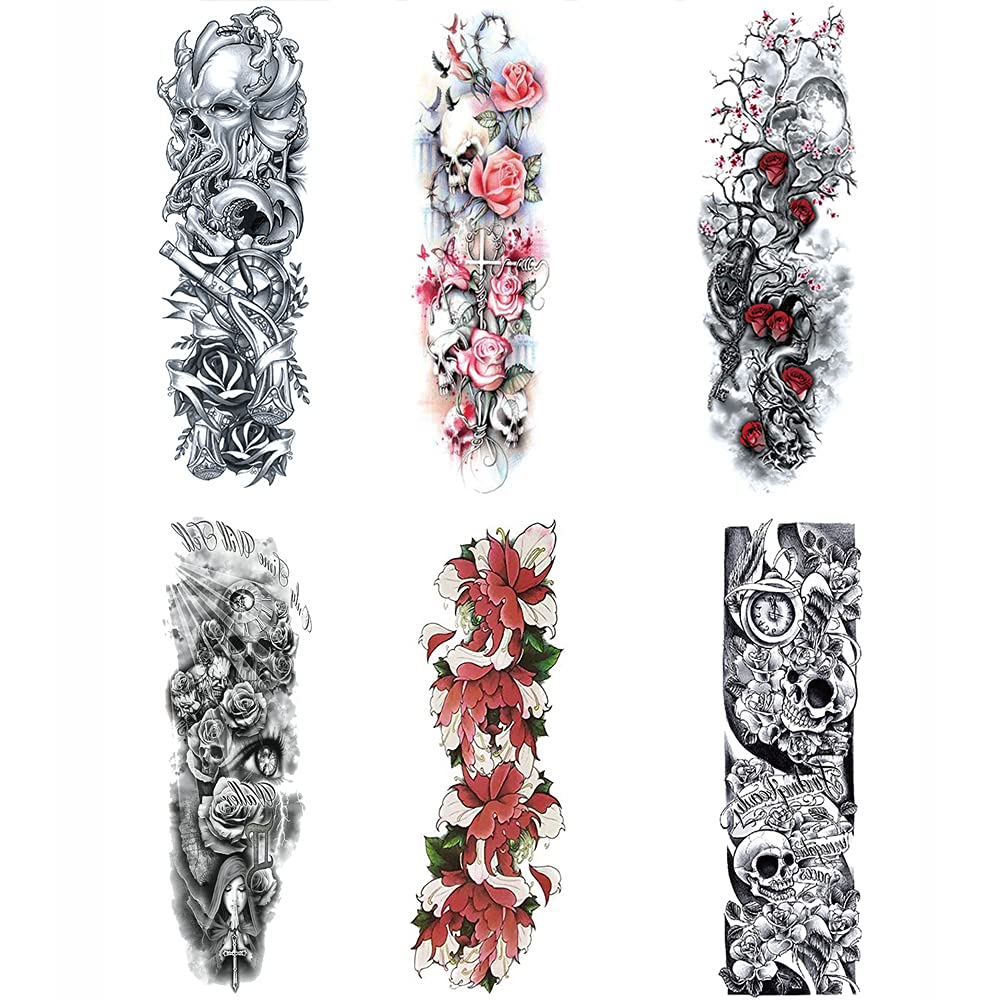 Yesallwas 6 sheets Flower Temporary Sleeve Tattoos For Women Leg, Full Arm Large Rose Skull Floral Fake Tattoo Sleeve for Arm Shoulder leg Sexy Body Art Tattoos
