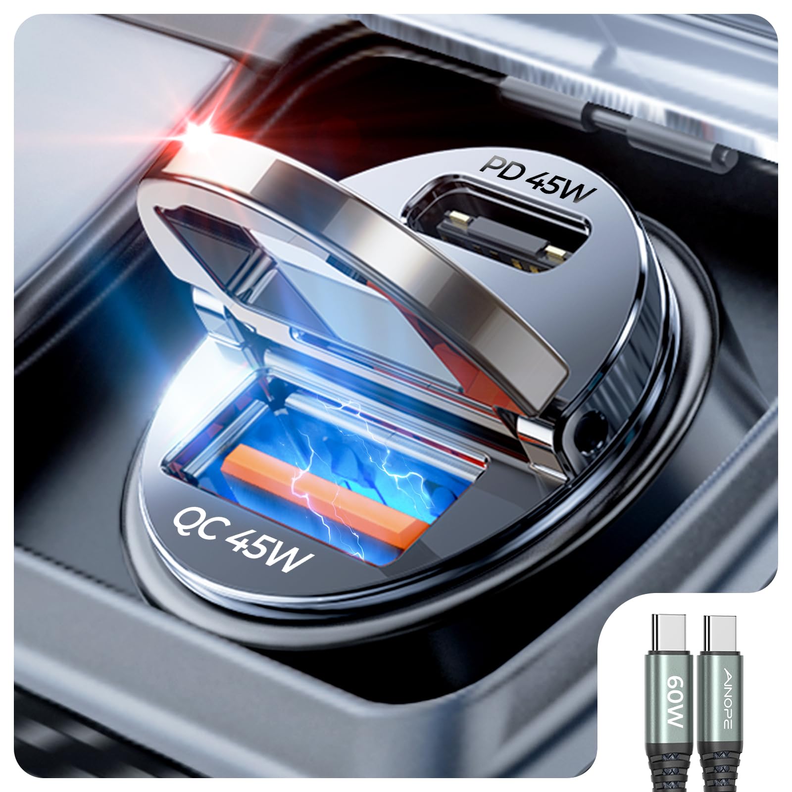 AINOPE 90W for Phone 17/16/15 Pro Max Car Charger USB C Fast Chage, [Mini&Metal] Invisible Cigarette Lighter Adapter with 3FT USB C to C Cable for iPhone 17/17 Pro/17e/16/15 Pro Max/Plus/16e, Kids