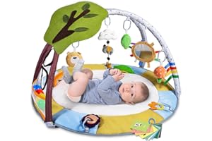 Lupantte Baby Gym Play Mat with 9 Toys for Sensory and Motor Skill Development Language Discovery, Thicker Non-Slip Activity Ball Pit, Green Tree Newborns, Babies to Toddlers as Gift