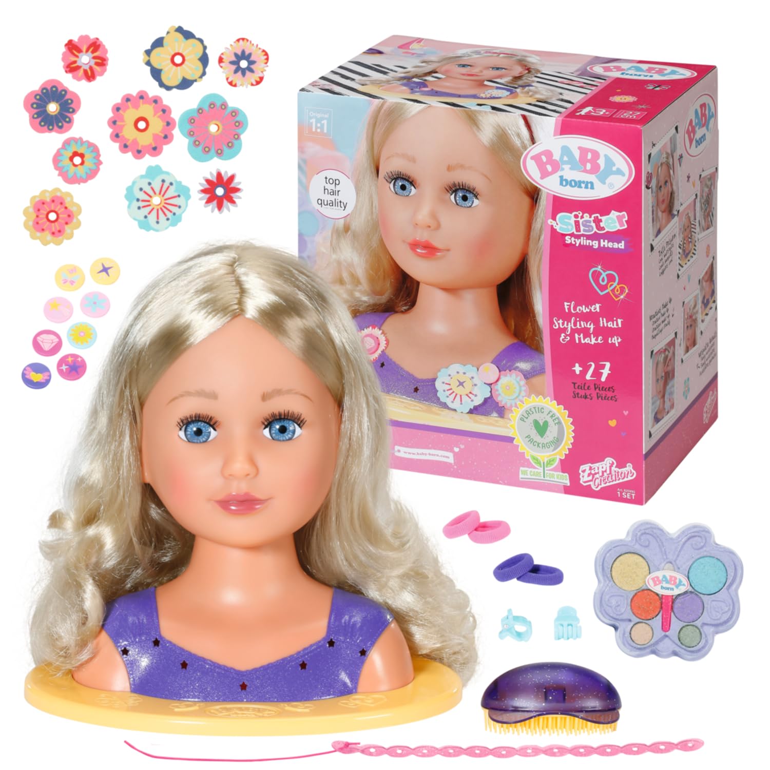 BABY born Sister Styling Head Toy - Easy for Small Hands, Creative Play Promotes Empathy and Social Skills, For Toddlers 3 Years and Up - Includes 27 Styling and Makeup Accessories and More!