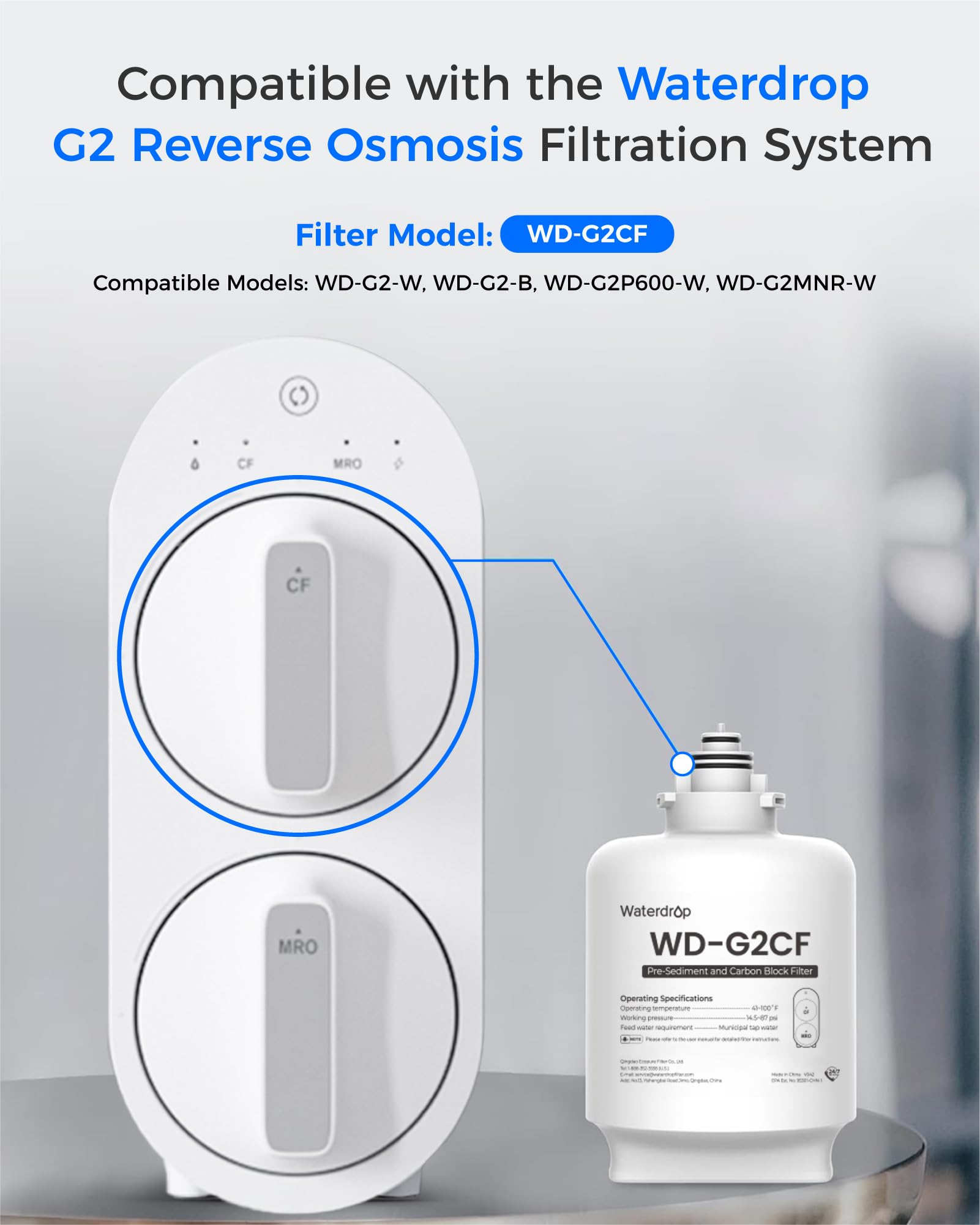 Waterdrop WD-G2CF Filter, Replacement for WD-G2-W, WD-G2-B, WD-G2P600-W Reverse Osmosis System,12-month Lifetime
