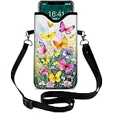 otilil Neoprene Cell Phone Sleeve Pouch Case Bag with Crossbody Strap Neck Lanyard for Women 7.1 X 3.9 in Flower Butterfly