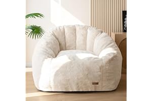 MAXYOYO Giant Bean Bag Chair, Oversized Bean Bag Couch for Adults and Kids, Faux Fur Shell-Shaped Large Chair with Filler, Stuffed Big Accent Sofa Lounge Floor Sofa for Gaming, Reading, Beige