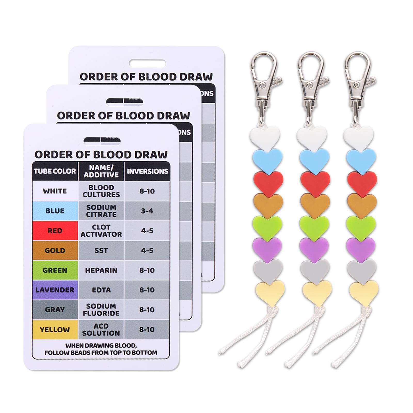3pcs Order of Blood Draw Beads and 3pcs Reference Card, Order of Draw Badge Card Badge Reel Accessories Phlebotomy Essentials for Nurse Nursing Clinicians RN Student Practitioner Grad Gift