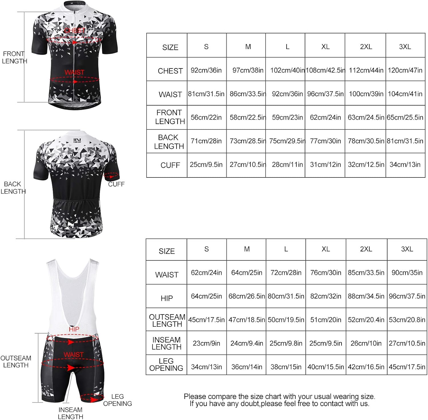 INBIKE Men Cycling Jersey Set Short Sleeve Breathable Bike Shirt with Padded Bib Shorts 3XL Black: Clothing