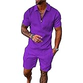 BIRW Small Purple Mens Short Sets 2 Piece Outfits Fashion Summer Tracksuits Casual Set Polo Shirt Short Sleeve and Shorts Set