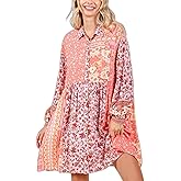 Womens Casual Boho Floral Patchwork Button Down Babydoll Mini Dress Coral Pink Mixed Pattern Summer Dress